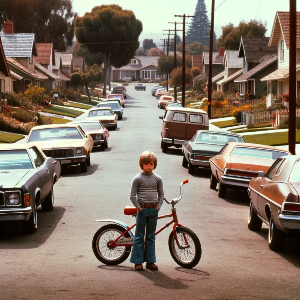 Click image for larger version

Name:	DALL·E 2024-01-08 08.25.02 - A 1970s American middle-class street scene, with a little boy standing alone beside his bike, looking sad and dejected. The street is lined with typic.png
Views:	129
Size:	1.59 MB
ID:	16257213