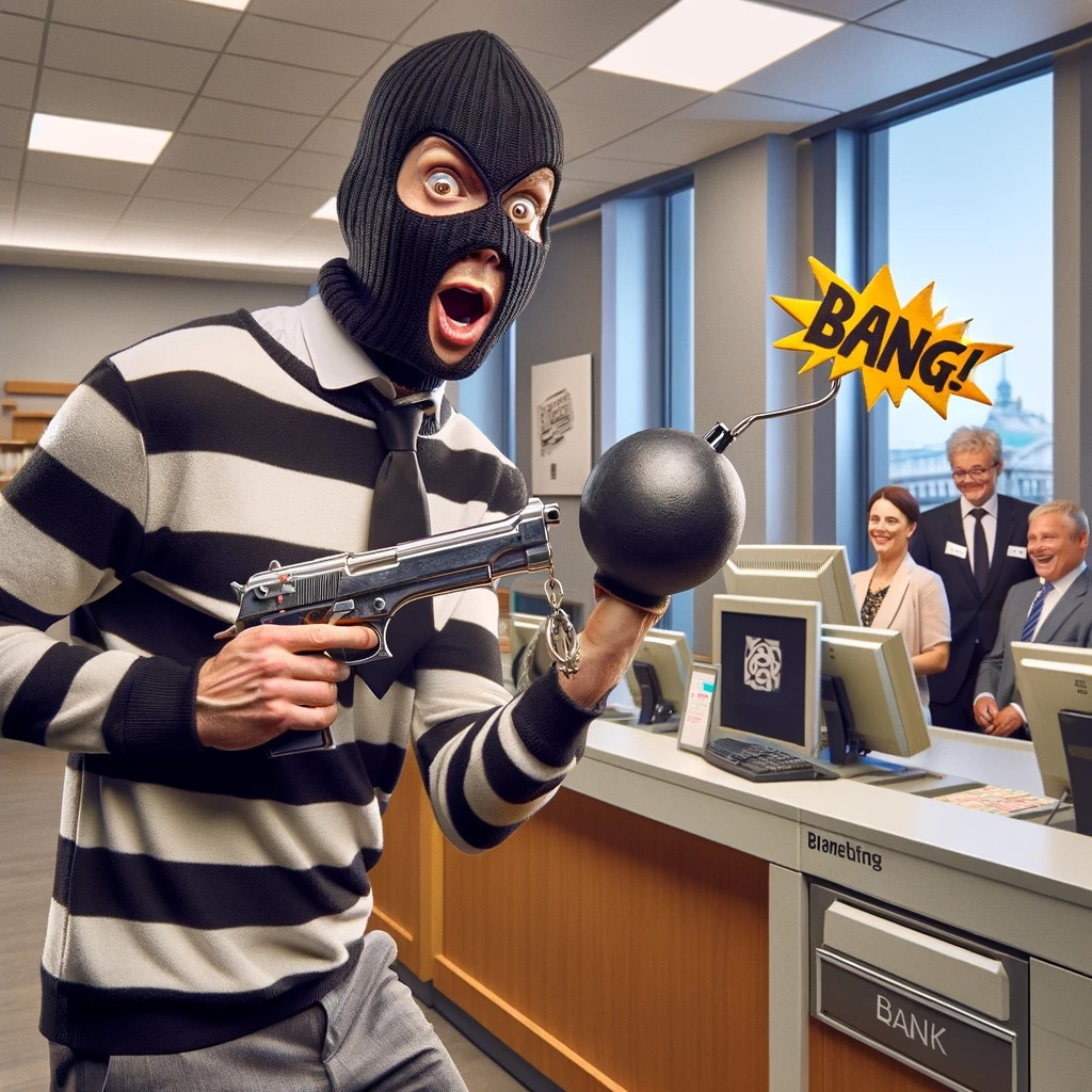 Click image for larger version

Name:	DALL·E 2024-02-22 13.17.04 - Create a highly realistic and detailed photograph that captures the essence of a humorous and light-hearted scene involving a bumbling thief in a bank.jpg
Views:	66
Size:	297.9 KB
ID:	16269527